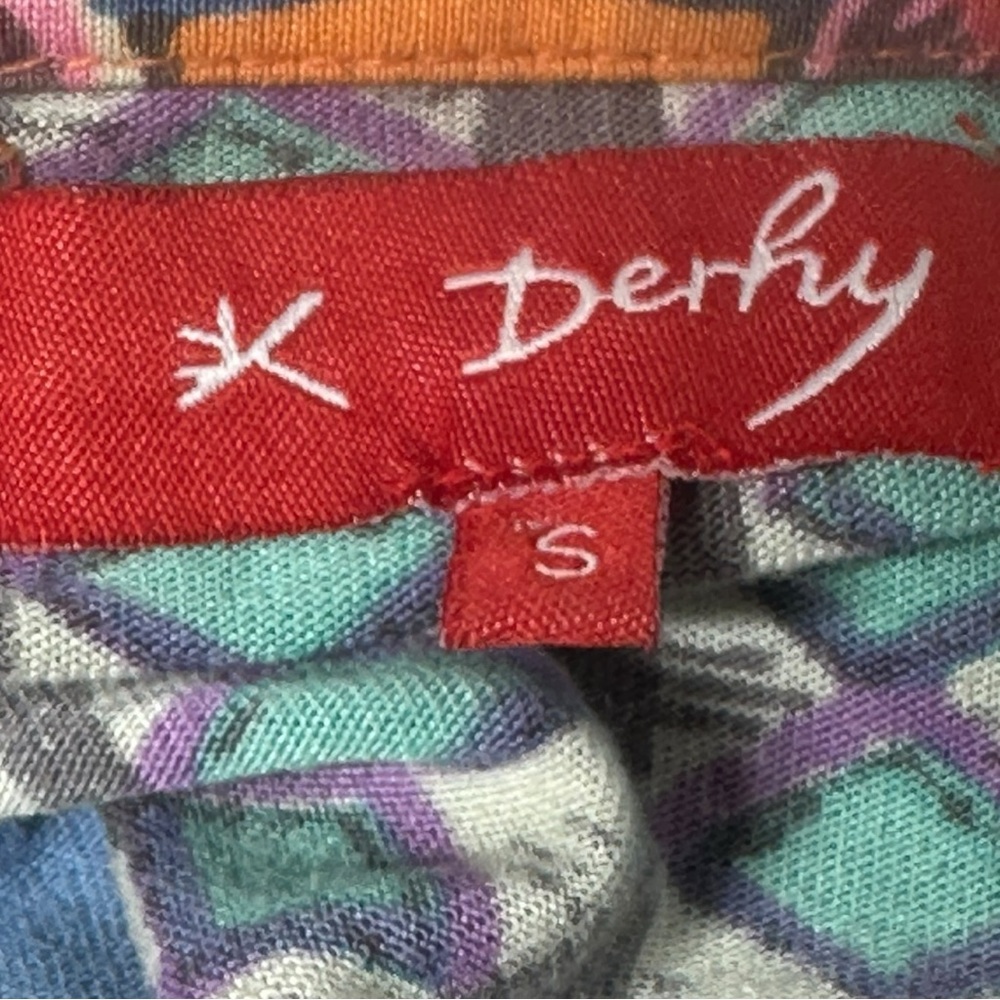 Derhy Small Button Down Shirt Top 3/4 Roll Sleeves Embellished Vacation Colorful - Picture 8 of 11